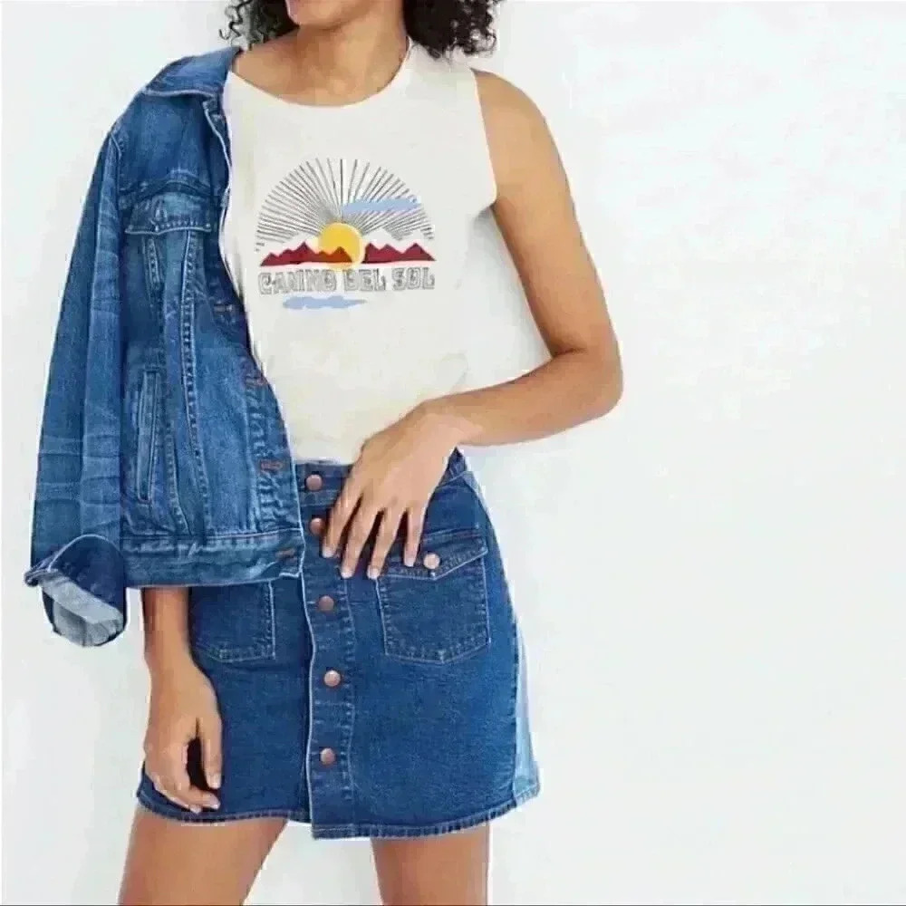 Madewell Denim Mini Skirt Button Front 2 Tone Blue Jean Size 26